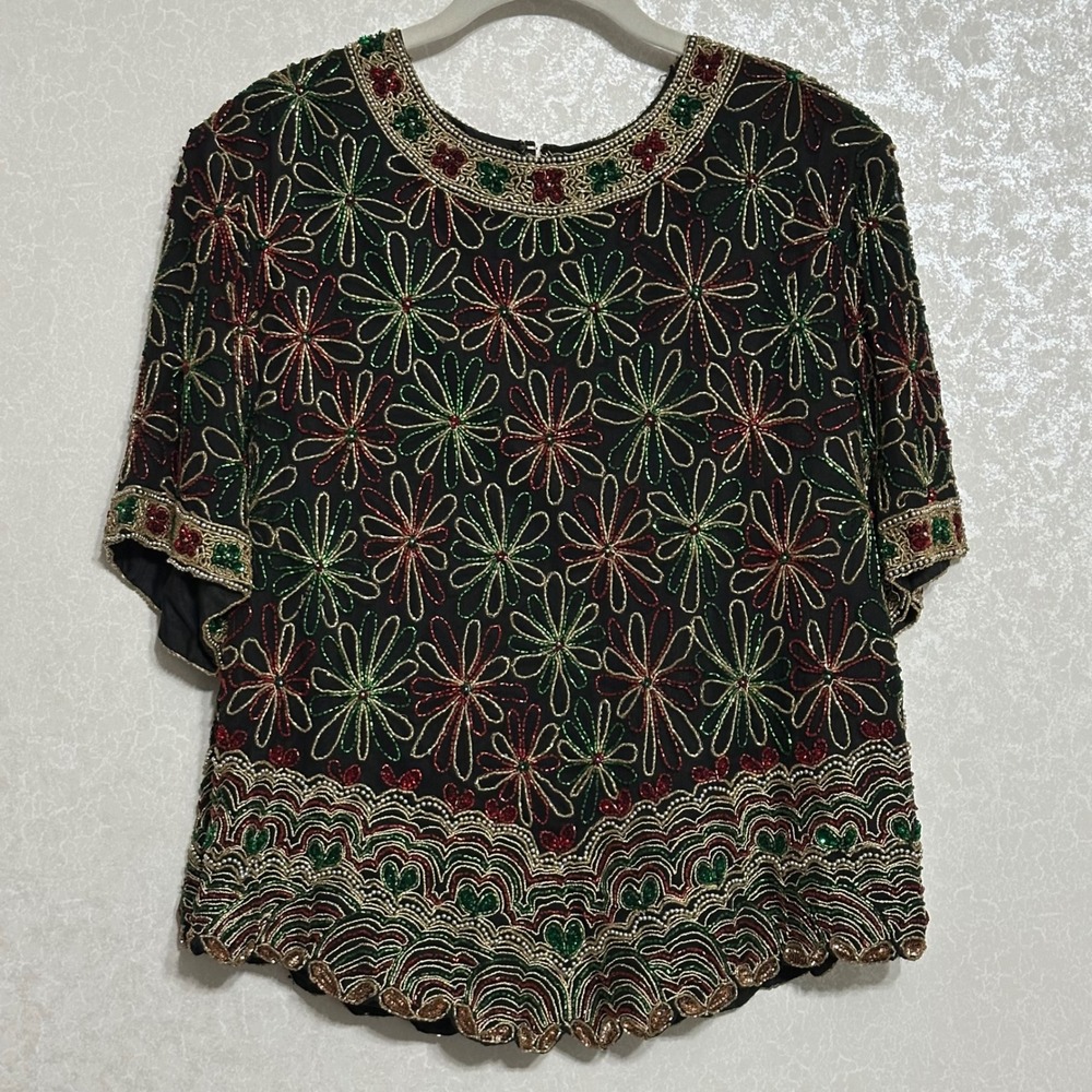 Laurence Kazar Beaded Floral Top 100% Silk Vintage Black Red Green Glam Y2K 1X